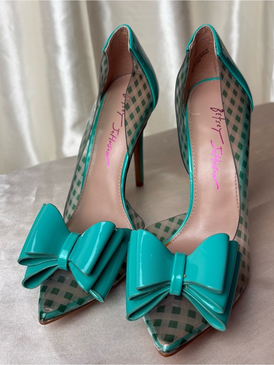 Betsey Johnson Shoes - Betsey Johnson Teal Gingham & Clear Vinyl Heels
